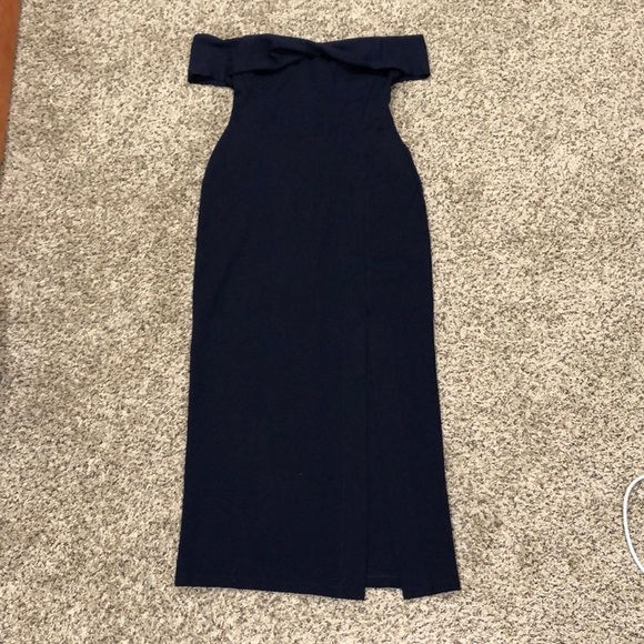 NICHOLAS Knot Twist Front Gown Size 0 Navy Blue Off Shoulder - Picture 5 of 13